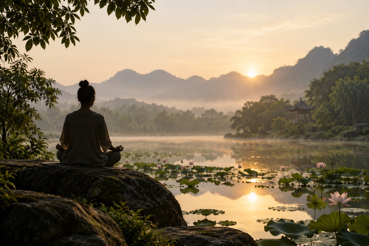 Meditating person beside a lotus pond